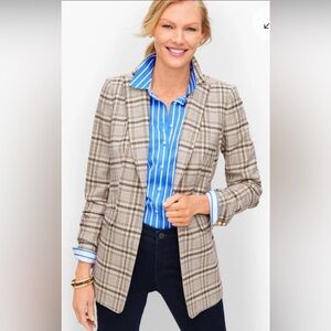Talbots Long Blazer Jacket Foliage Plaid Navy Beige Women Size 2 EUC Classic